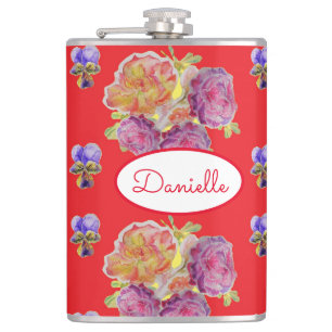 Rose Red Floral Roses Vintage Garden Womans Retro Hip Flask