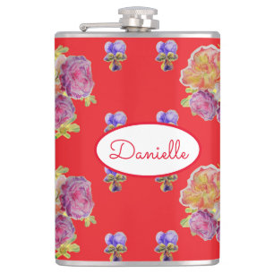Rose Red Floral Roses Vintage Garden Womans Retro Hip Flask