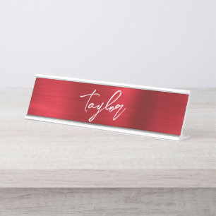 Rose Red Foil Modern Brush Script First Name Desk Name Plate