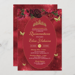 Rose Red Gold Luxury Butterfly Quinceanera Invitation