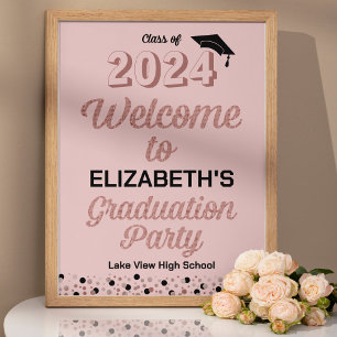 Rose Script Confetti Grad Party Pink Welcome Sign