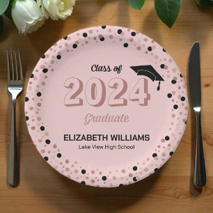 Rose Script Confetti Graduation Party Pink Pap Paper Plate