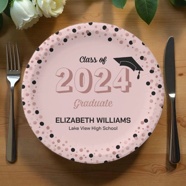 Rose Script Confetti Graduation Party Pink Pap Paper Plate (Creator Uploaded)