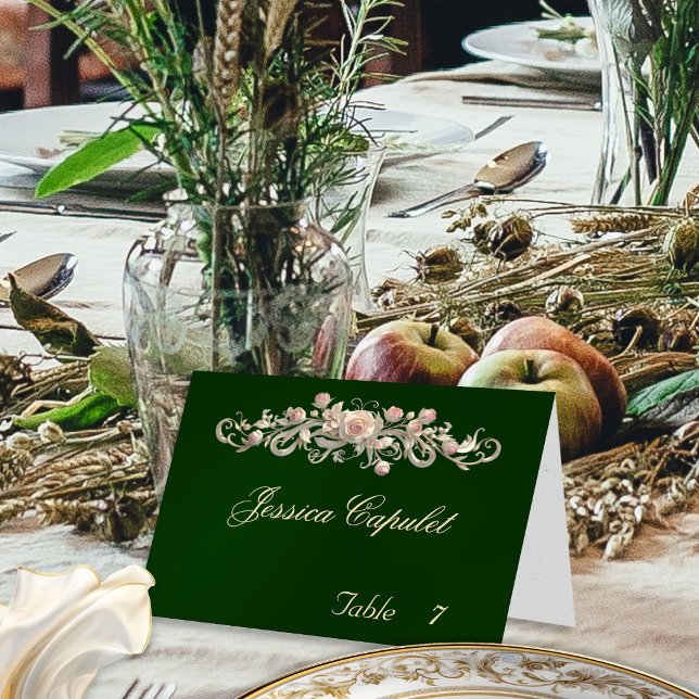 Rose Scroll & Heart Monogram - Emerald Place Card (Creator Uploaded)