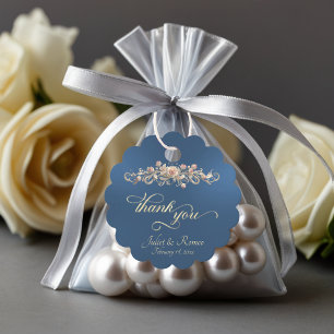 Rose Scroll & Monogram - Scalloped Blue Favour Tags