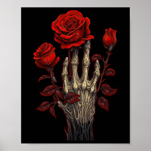 Rose Skeleton Skull Hand Red Flower Rose 1 Poster