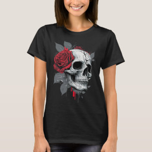 Rose Skeleton Skull Hand Red Flower Rose  T-Shirt