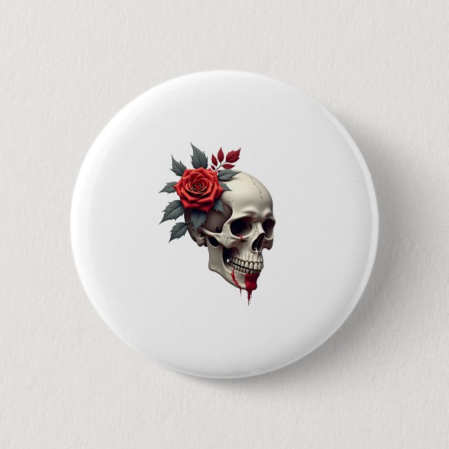 Rose Skeleton Skull Hand Red Flower Rose T-Shirt ( 6 Cm Round Badge (Front)