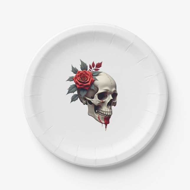 Rose Skeleton Skull Hand Red Flower Rose T-Shirt ( Paper Plate (Front)