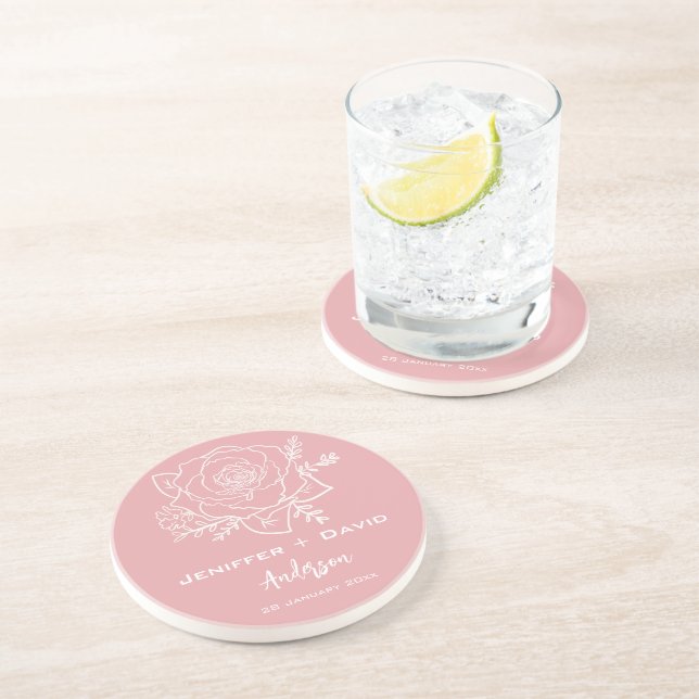 Rose Sketch Personalised Wedding/ Bridal Shower  Coaster (Side)