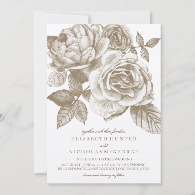 Rose Sketch Wedding Invitation in Sepia (Front)