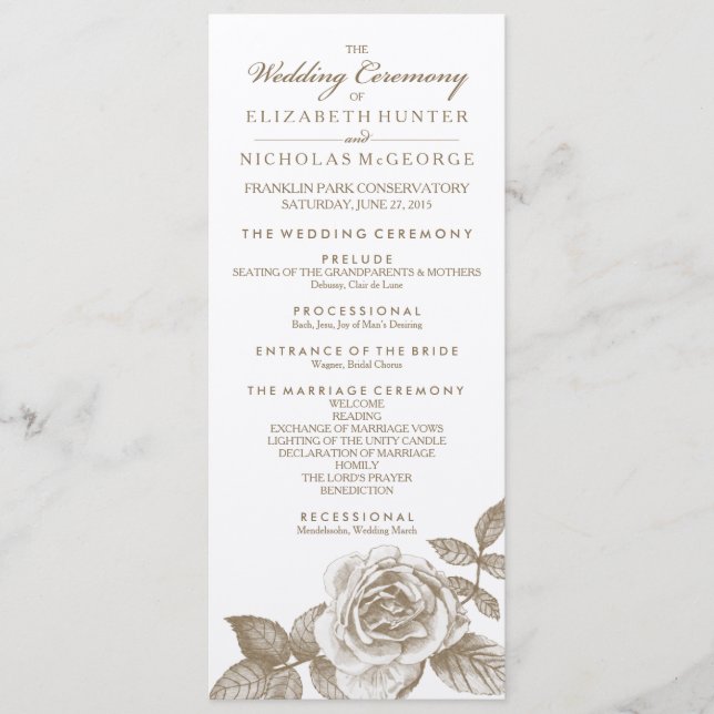 Rose Sketch Wedding Program in Sepia Programme (Front)