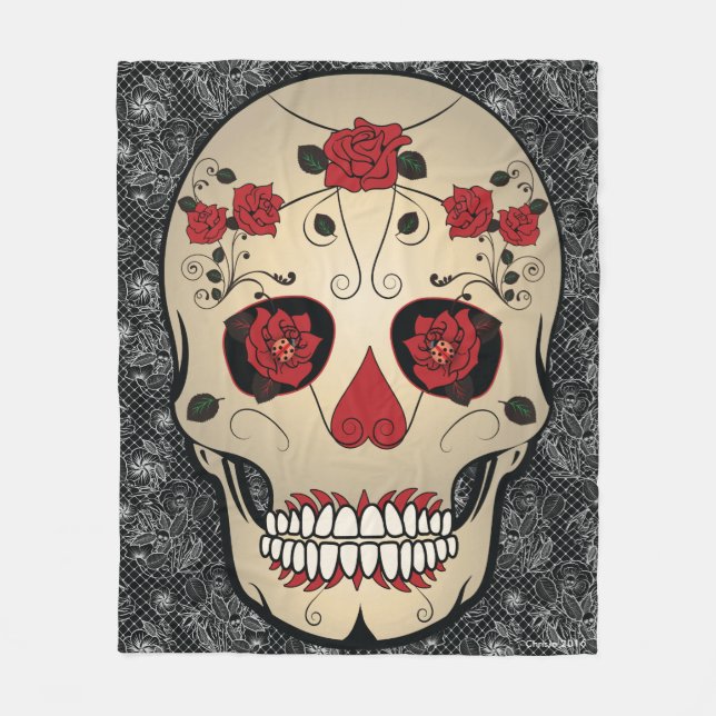 Rose Skull Day of the Dead Fleece Blanket (Front)
