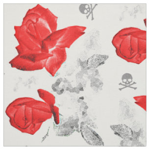 Rose Skulls Gothic Red/Grey Pattern Fabric