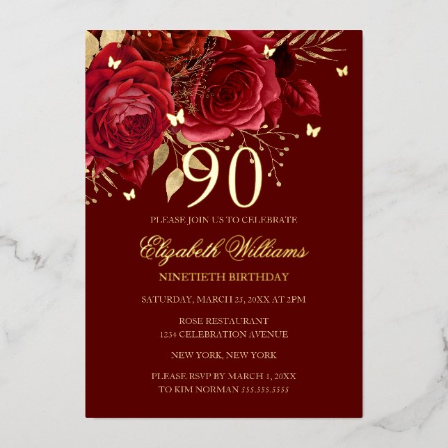 Rose Sparkling Butterfly Red 90th Birthday  (Front)