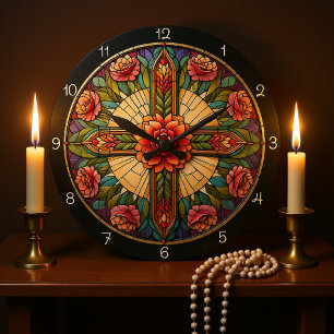 Rose Stained Glass Cross  Large Clock