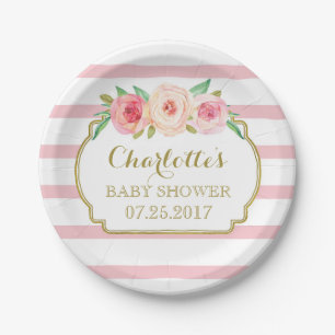 Rose Stripes Gold Pink Floral Baby Shower Plate