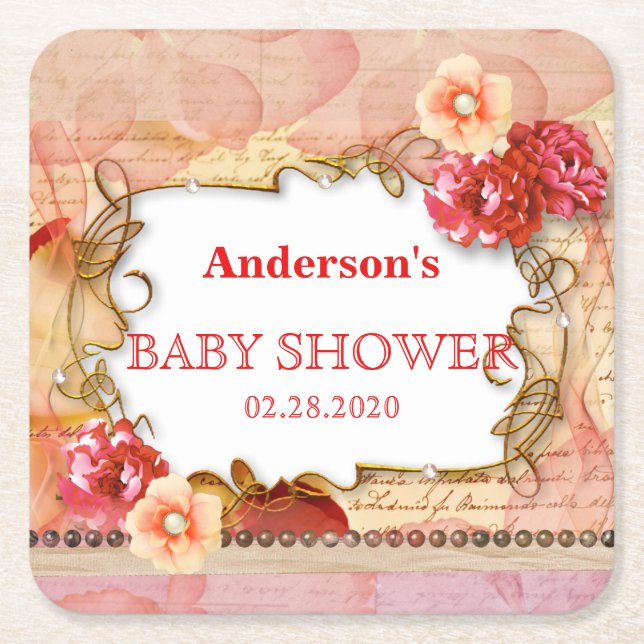 Rose Stripes Gold Pink Floral Baby Shower Square Paper Coaster (Front)