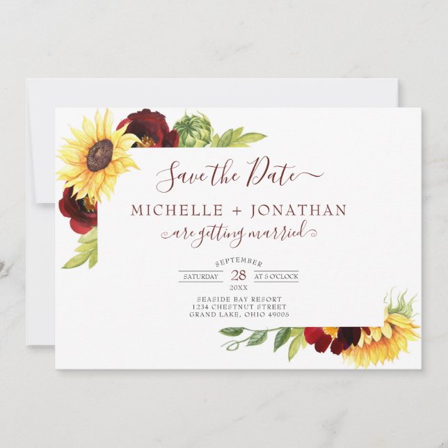 Rose Sunflower Save The Date with Photo Invitation (Front)