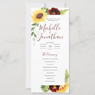 Rose Sunflower Wedding Program Tall Flat Card