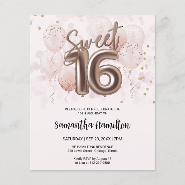 Rose Sweet 16 Bday Balloons Pink Budge Invitation (Front)
