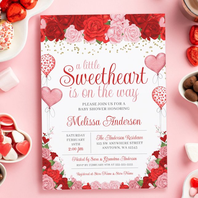 Rose Sweetheart Balloon Valentine Girl Baby Shower Invitation (Creator Uploaded)