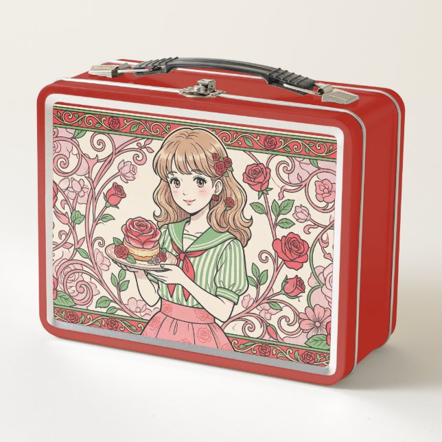 Rose sweets and a fairytale world metal lunch box (Front)