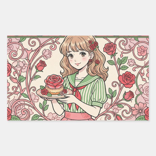 Rose sweets and a fairytale world rectangular sticker (Front)