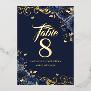 Rose Swirl Navy Quinceanera Gold Table Number 