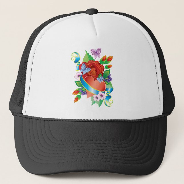 Rose Tattoo Hearts Trucker Hat (Front)