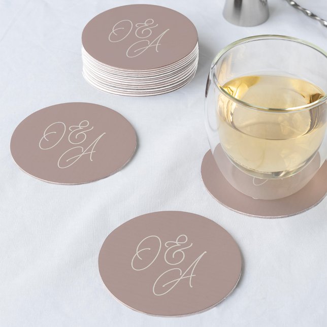 Rose Taupe | Oversized Script Monogram Wedding Round Paper Coaster (Creator Uploaded)