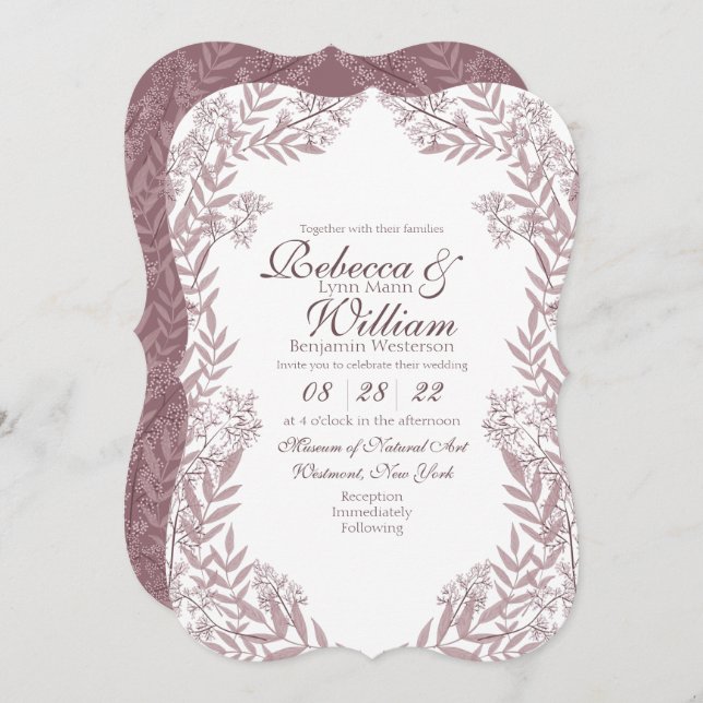 Rose Taupe Pink Purple Wedding Vintage Botanical Invitation (Front/Back)