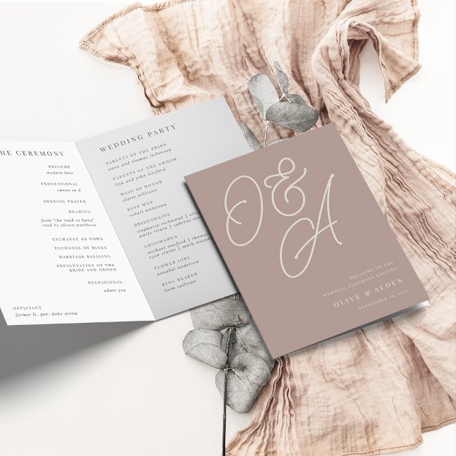 Rose Taupe | Script Watermark Monogram Wedding Programme (Creator Uploaded)