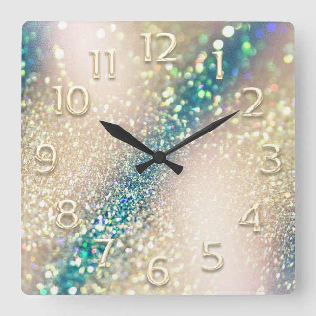 Rose Teal GLITTER 3D Holographic Square Wall Clock (Front)