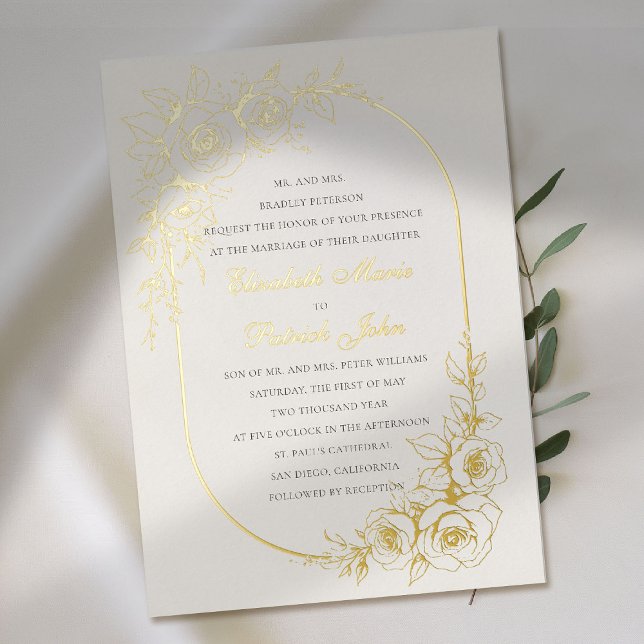 Rose Theme Treasured Ecru Formal Classic Wedding (gold foil wedding invitation rose frame floral formal traditional modern classic sketch luxury ecru)
