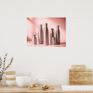 Rose Toned Steel Water Bottles on a Retro Wall Poster