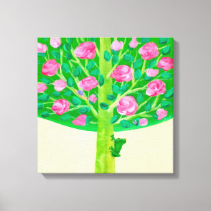 Rose Tree Little Frog Cheerful Pink & Green Canvas Print