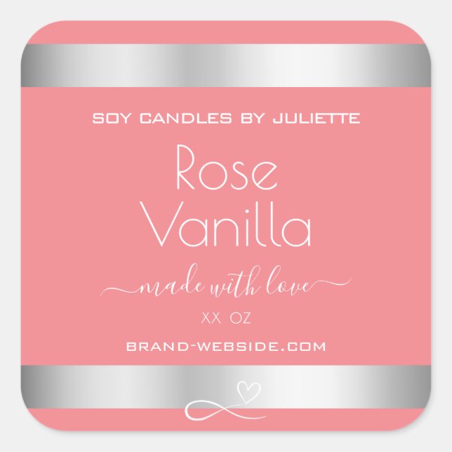 Rose Vanilla Scent Pink Silver Soy Candles Labels (Front)