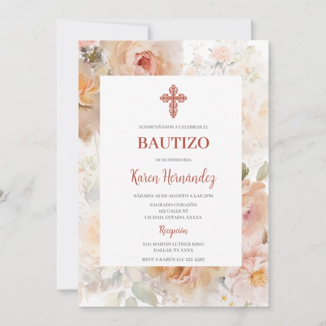 Rose water coloured Baptism Spanish Invitation (Front)
