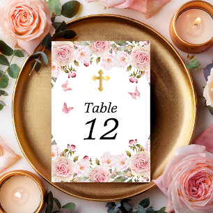 Rose Watercolor Floral Butterflies and Cross Table Number