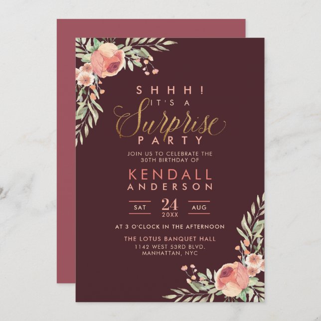 Rose Watercolor Floral Surprise Birthday Party Invitation (Front/Back)