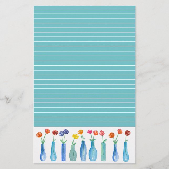 Rose Watercolor Flowers Turquoise Lined Stationery (Front)