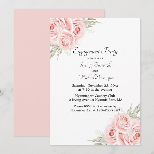  Rose Watercolor Pink Floral Engagement Party Invi Invitation (Front/Back)