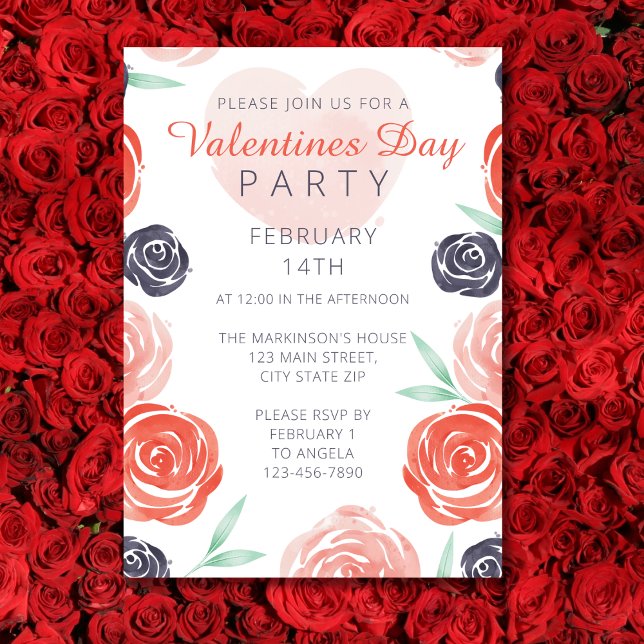 Rose Watercolor Pink Valentines Day Party Invitation (Creator Uploaded)