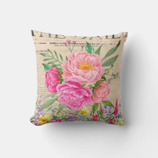 Rose, Watercolor, Vintage Newspapers Cushion
