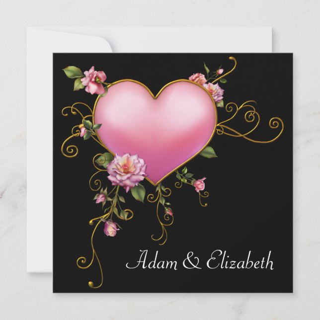 Rose Wedding Pink Heart Black Gothic Wedding Invitation (Front)