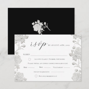 Rose White & Black Modern Trendy Wedding RSVP Card