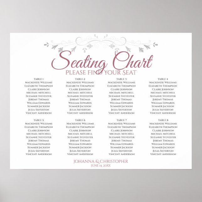Rose & White Elegant 8 Table Wedding Seating Chart (Front)