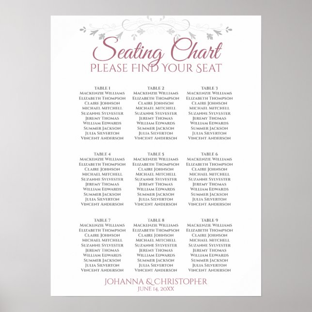 Rose & White Elegant 9 Table Wedding Seating Chart (Front)
