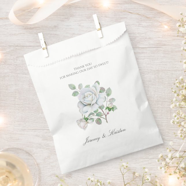Rose White Floral Botanical Wedding Favour Bag (Clipped)